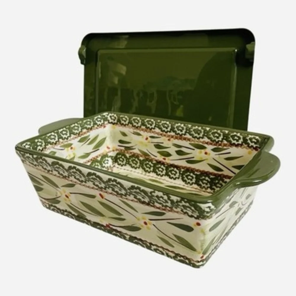 Vintage Temp-tations by Tara Old World Green Ceramic 1.5 QT Baker with Lid EXC